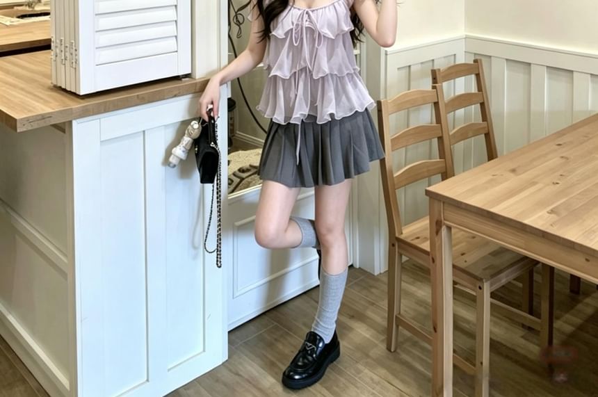 Sleeveless Scoop Neck Plain Ruffle Trim Top