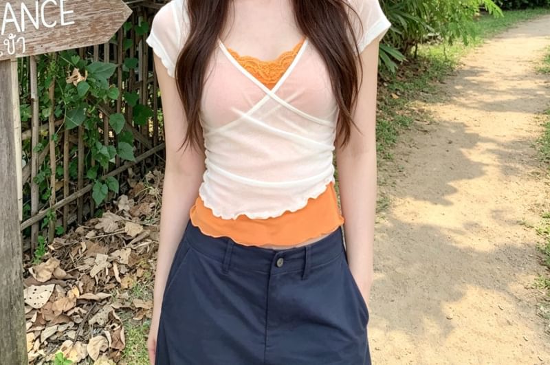 Short-Sleeve V-Neck Plain Ruffle Mock Two Piece Top