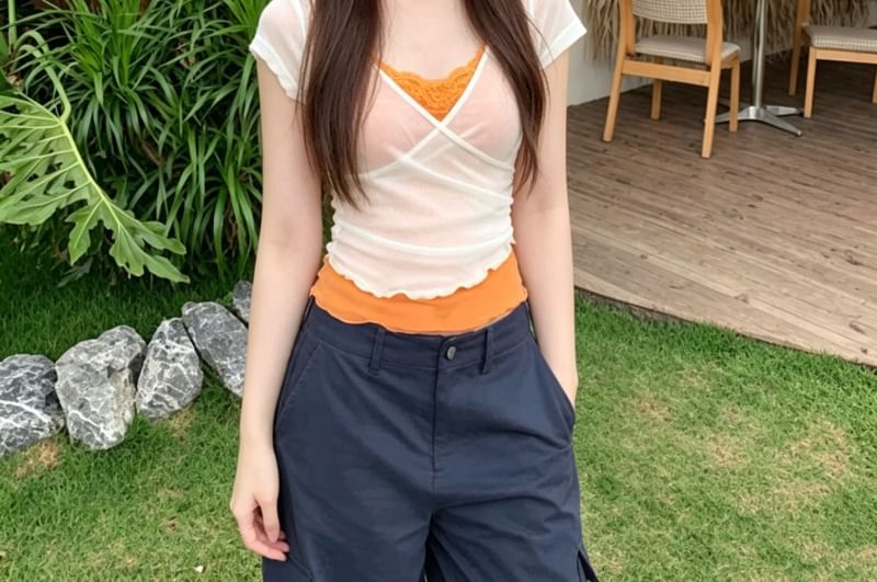 Short-Sleeve V-Neck Plain Ruffle Mock Two Piece Top