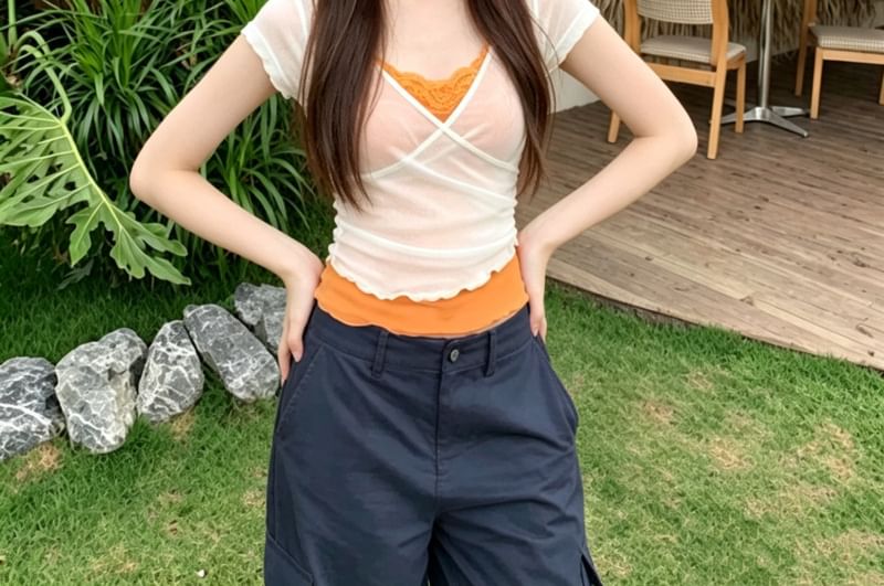 Short-Sleeve V-Neck Plain Ruffle Mock Two Piece Top