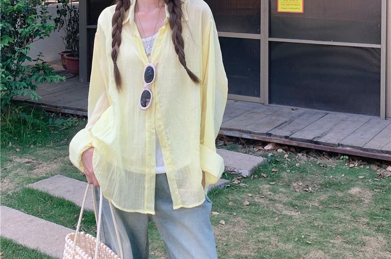 Long-Sleeve Collared Plain Button Up Shirt
