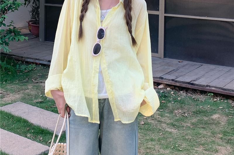 Long-Sleeve Collared Plain Button Up Shirt