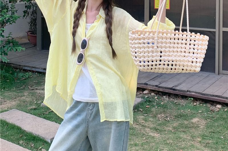 Long-Sleeve Collared Plain Button Up Shirt