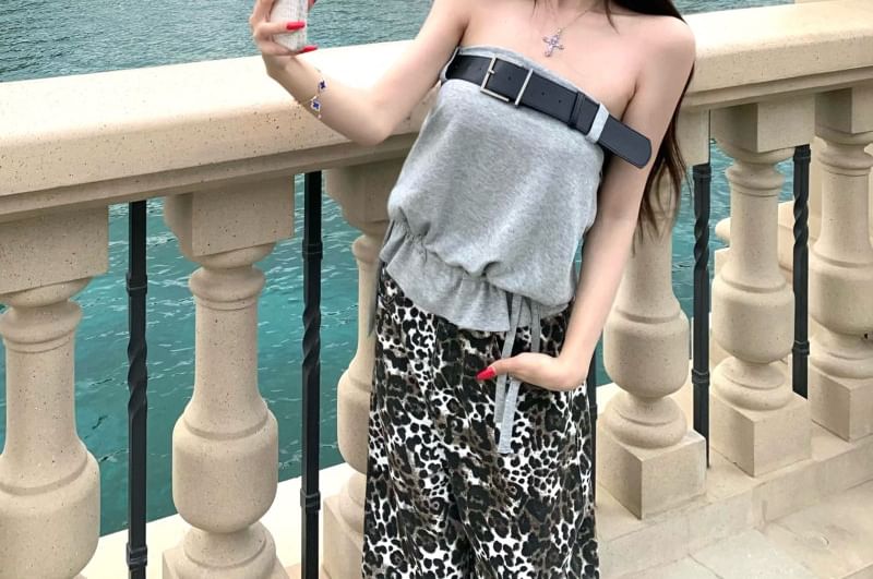 Strapless Plain Belted Tube Top / Mid Rise Leopard Wide Leg Pants