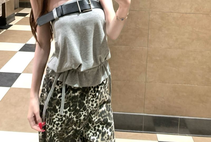 Strapless Plain Belted Tube Top / Mid Rise Leopard Wide Leg Pants