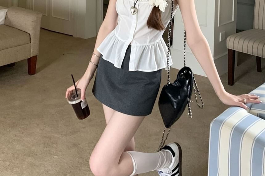 Spaghetti Strap Square Neck Plain Button Camisole Top