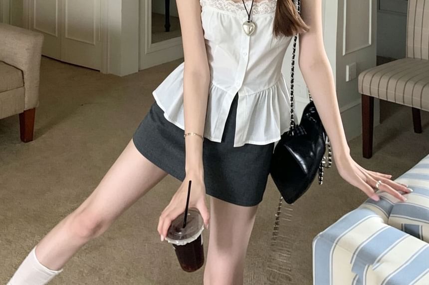 Spaghetti Strap Square Neck Plain Button Camisole Top