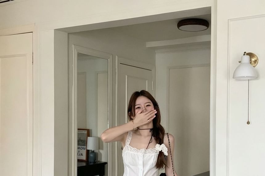 Spaghetti Strap Square Neck Plain Button Camisole Top