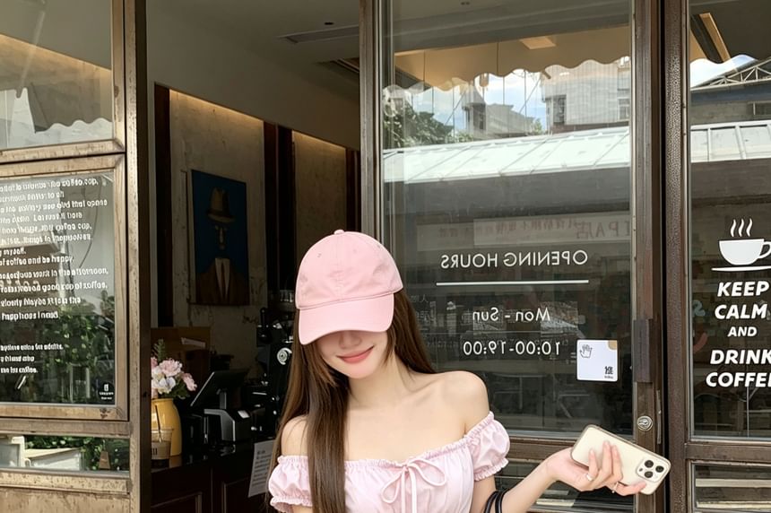 Short-Sleeve Off Shoulder Plain Ruffle Trim Top