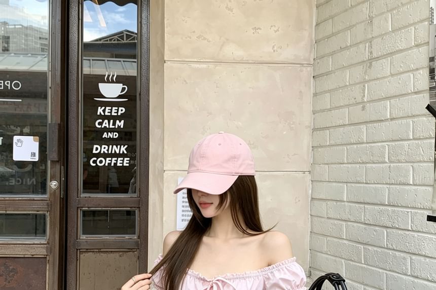 Short-Sleeve Off Shoulder Plain Ruffle Trim Top