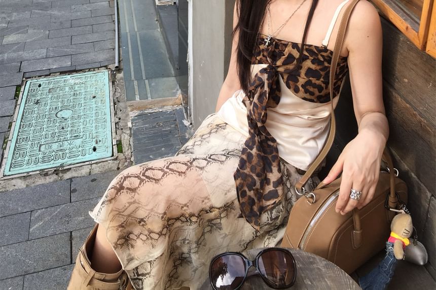 Spaghetti Strap Leopard Panel Camisole Top / Mid Rise Snake Print Midi A-Line Skirt