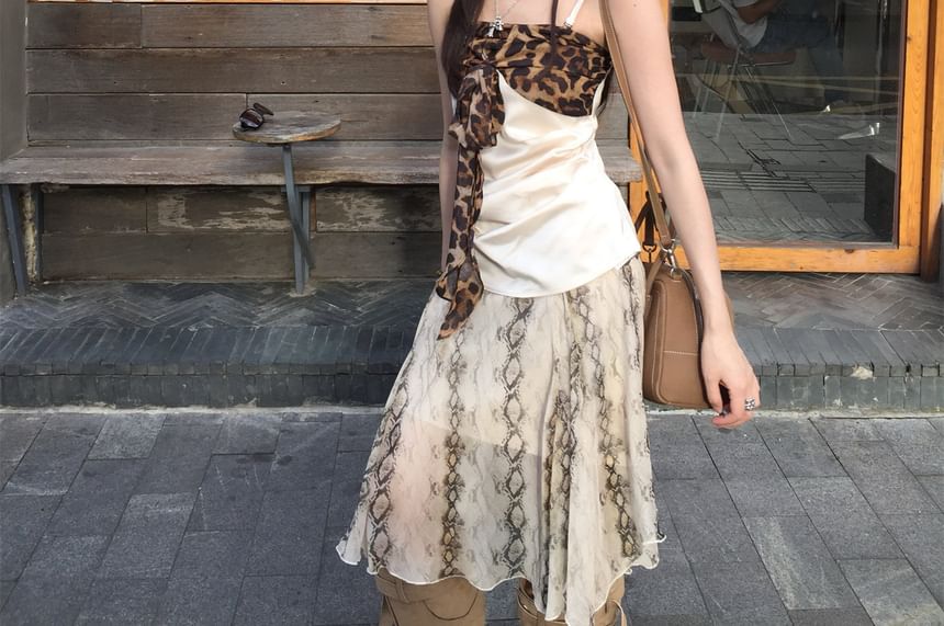 Spaghetti Strap Leopard Panel Camisole Top / Mid Rise Snake Print Midi A-Line Skirt