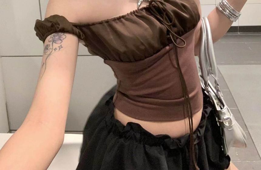 Short-Sleeve Off Shoulder Plain Ruched Crop T-Shirt