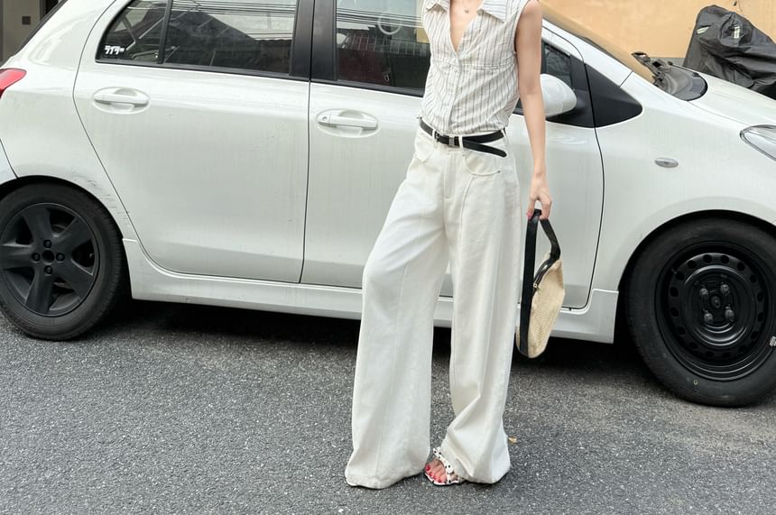 Sleeveless Collared Striped Button Up Shirt