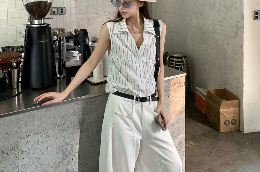 Sleeveless Collared Striped Button Up Shirt