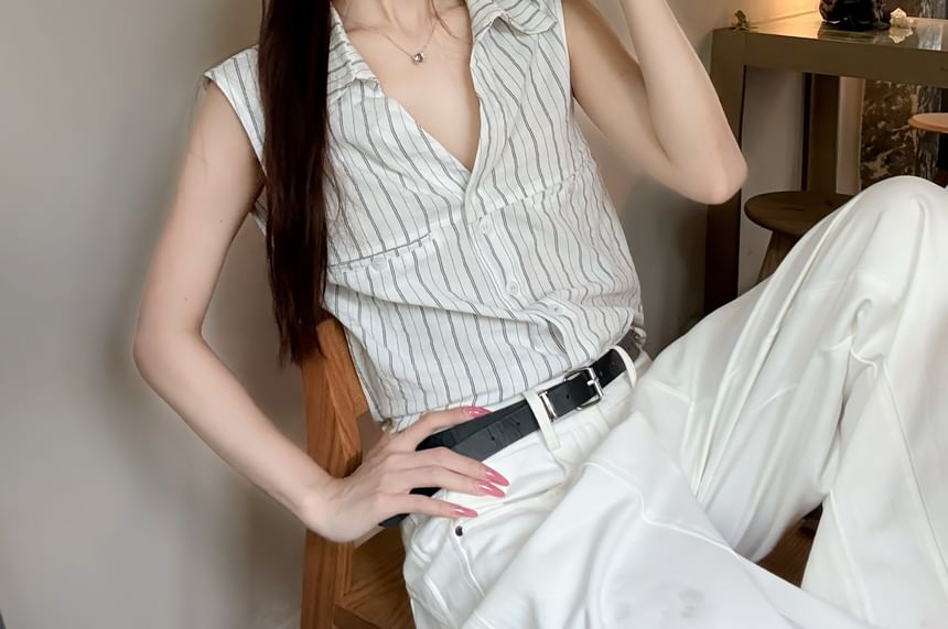 Sleeveless Collared Striped Button Up Shirt