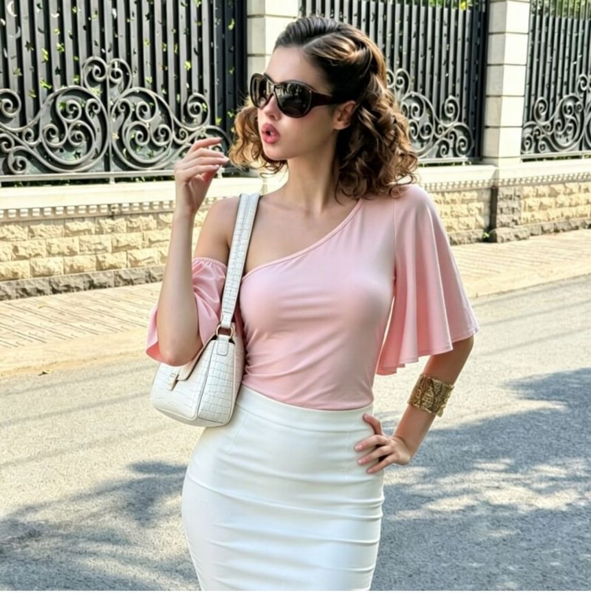 Cold Shoulder Bell Sleeve Slim-Fit T-Shirt
