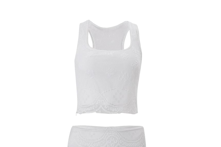 Square-Neck Lace Crop Tank Top with Mesh Panel Skirt