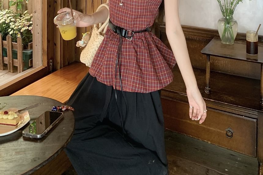 Set: Sleeveless Plaid Bow Peplum Blouse + Faux Leather Belt