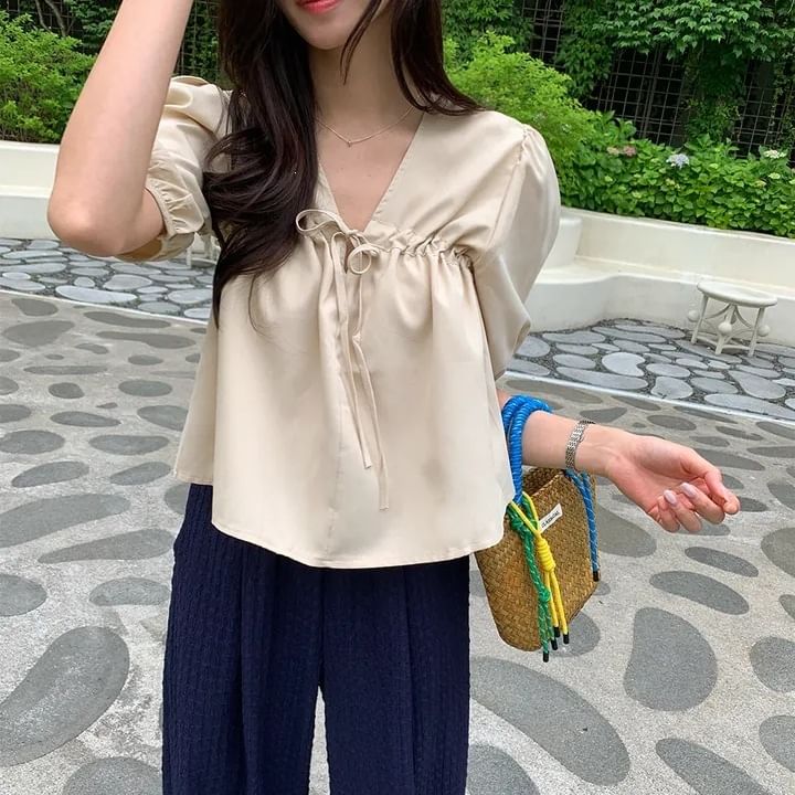 Short-Sleeve V-Neck Plain Blouse