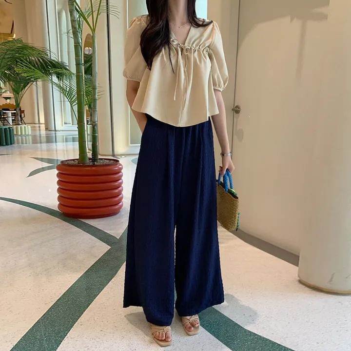 Short-Sleeve V-Neck Plain Blouse
