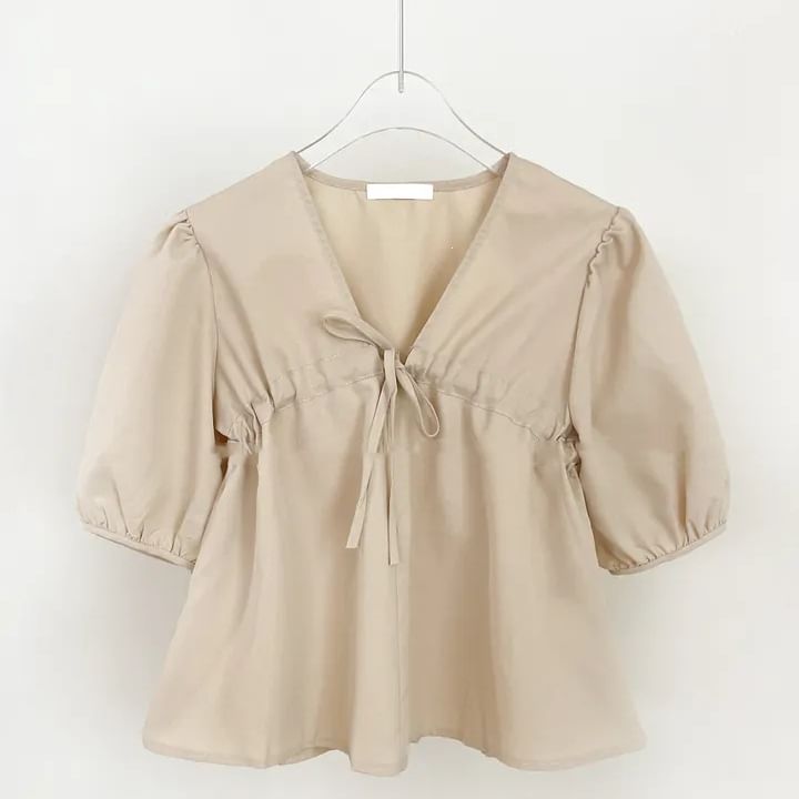 Short-Sleeve V-Neck Plain Blouse