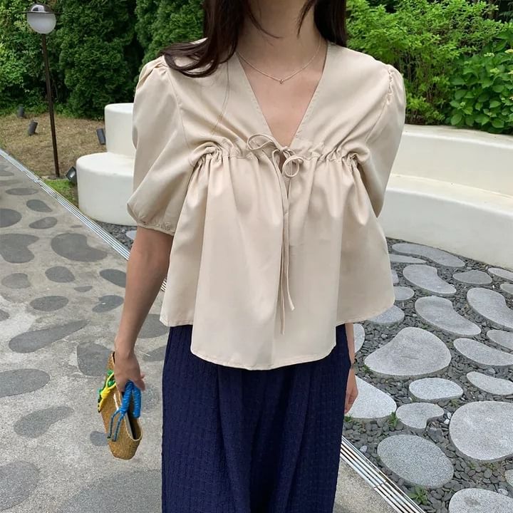 Short-Sleeve V-Neck Plain Blouse