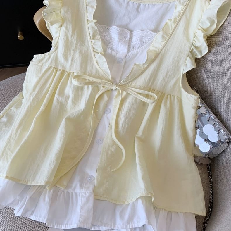 Sleeveless Ruffle Mock Two-Piece Blouse
