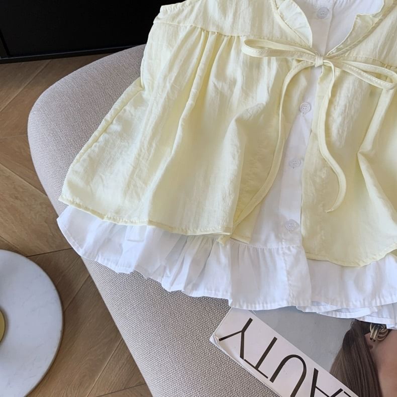 Sleeveless Ruffle Mock Two-Piece Blouse