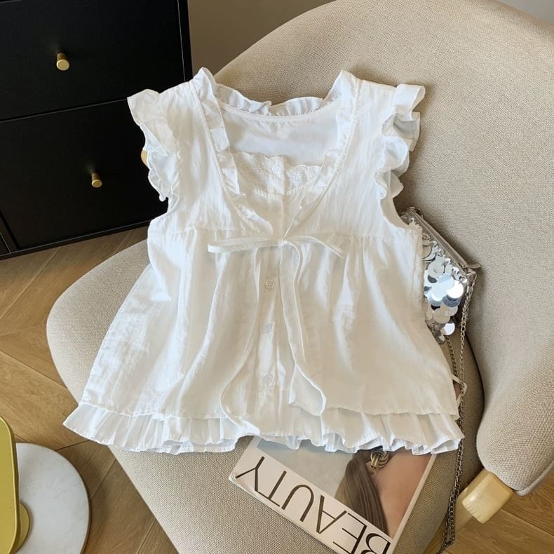 Sleeveless Ruffle Mock Two-Piece Blouse