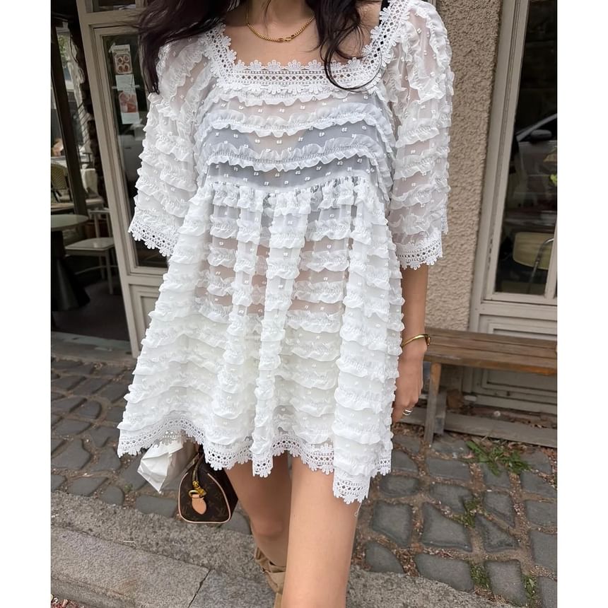 Elbow-Sleeve Square Neck Dotted Lace Trim Ruffle Blouse