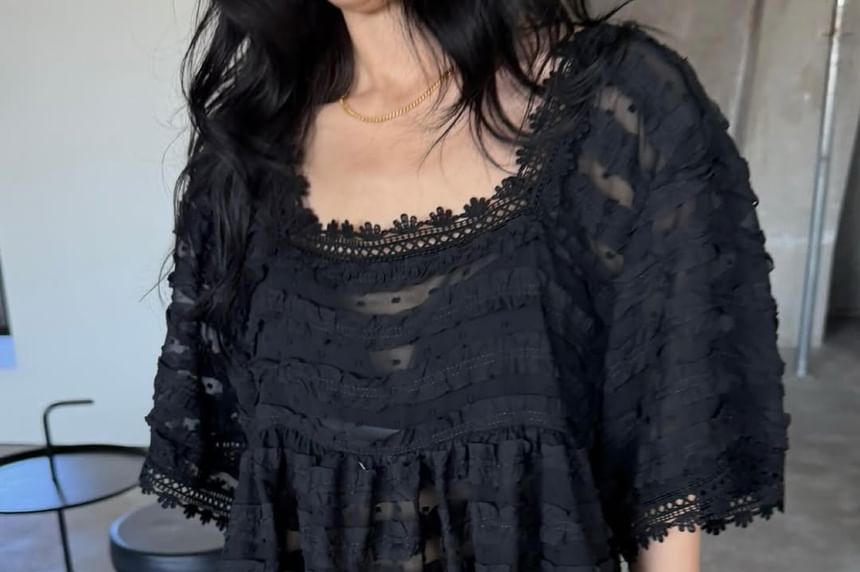 Elbow-Sleeve Square Neck Dotted Lace Trim Ruffle Blouse