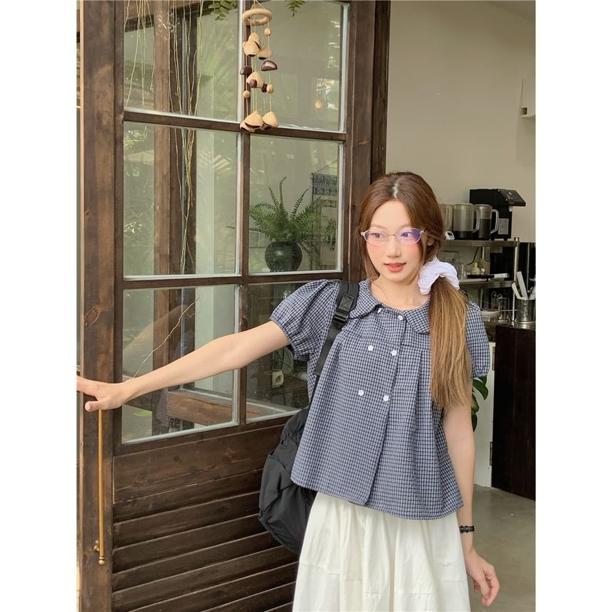 Puff-Sleeve Plaid Blouse