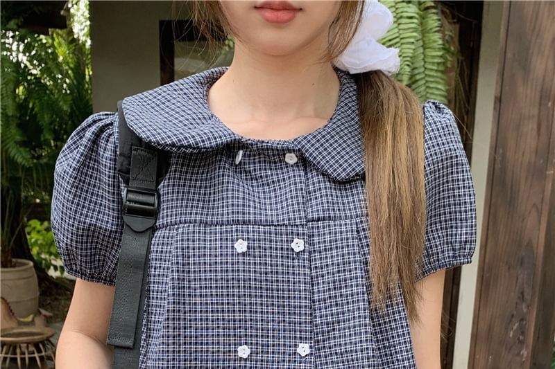 Puff-Sleeve Plaid Blouse