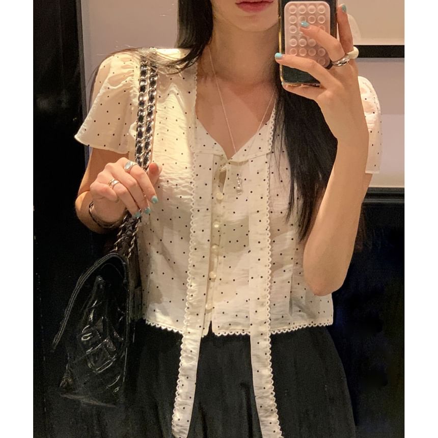 Short-Sleeve Tie-Neck Polka Dot Blouse