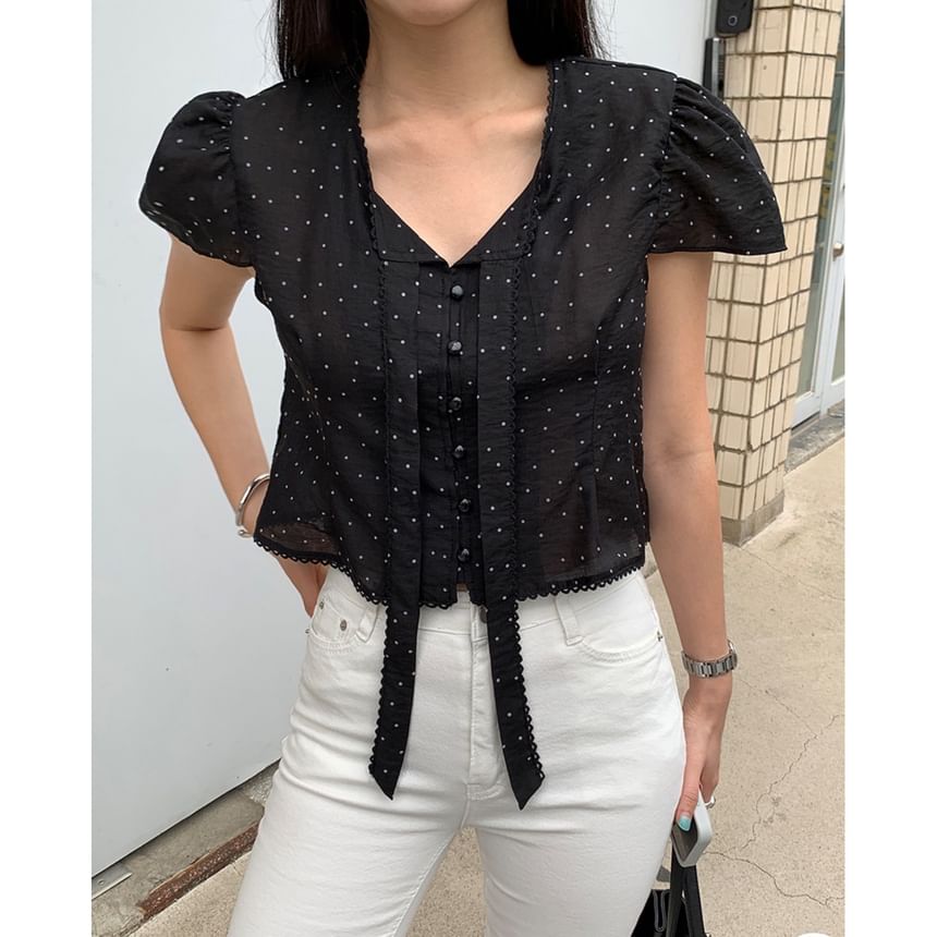 Short-Sleeve Tie-Neck Polka Dot Blouse