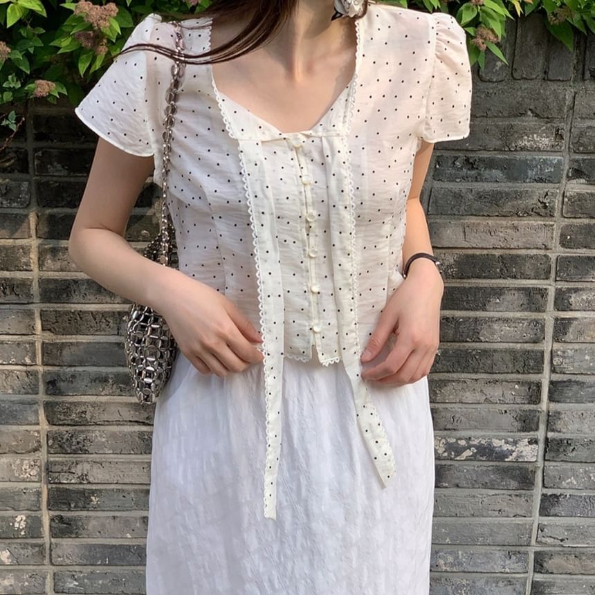 Short-Sleeve Tie-Neck Polka Dot Blouse