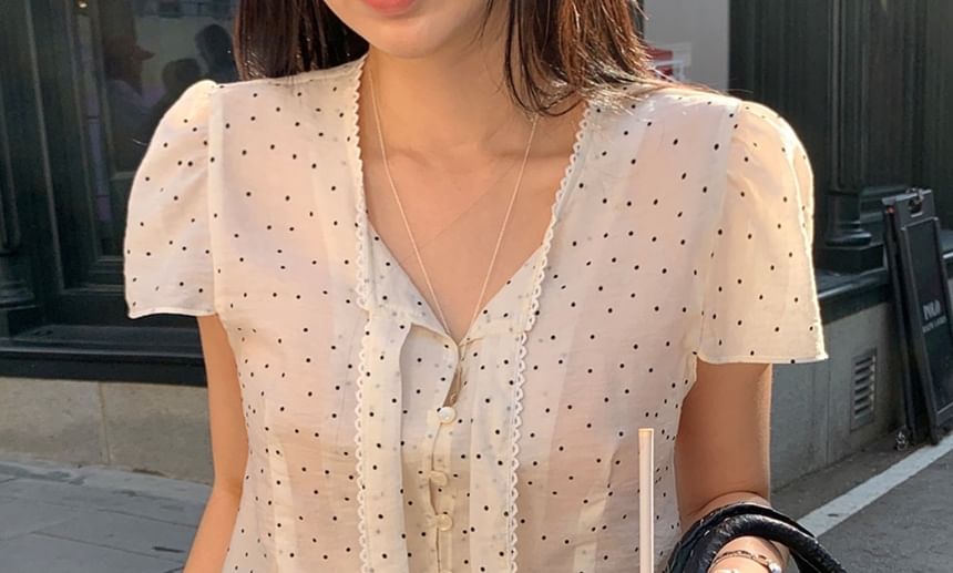 Short-Sleeve Tie-Neck Polka Dot Blouse