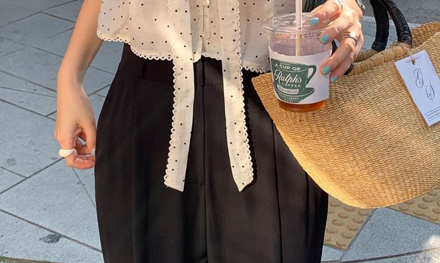 Short-Sleeve Tie-Neck Polka Dot Blouse