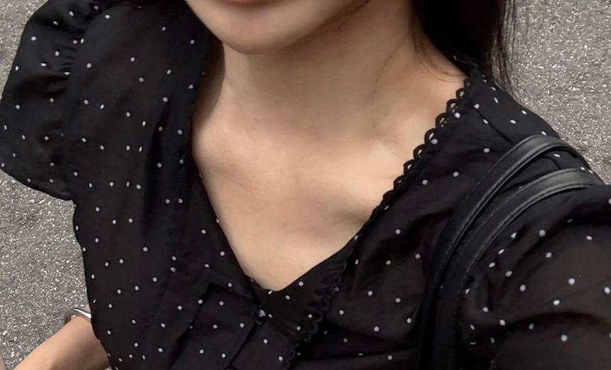 Short-Sleeve Tie-Neck Polka Dot Blouse
