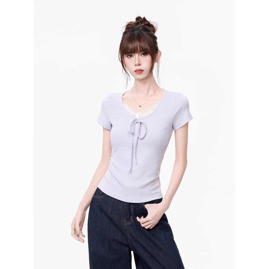 Short-Sleeve V-Neck Lace Trim Plain Top