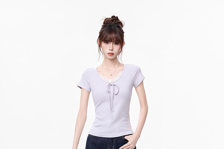 Short-Sleeve V-Neck Lace Trim Plain Top
