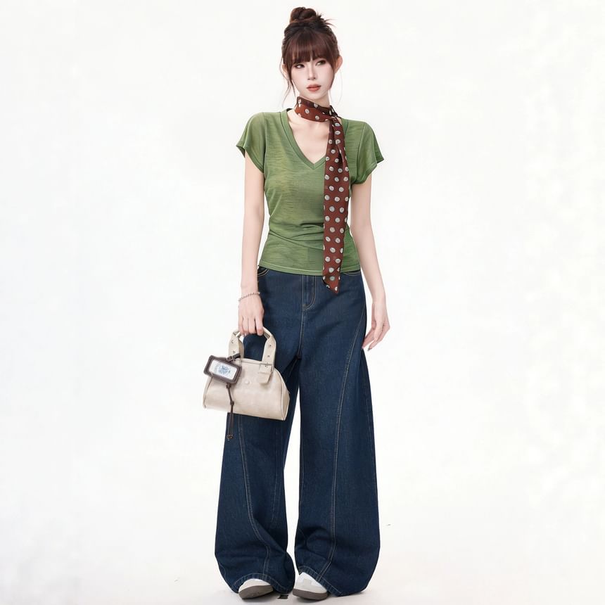 Short-Sleeve V-Neck Plain Top / Dotted Twilly / Set