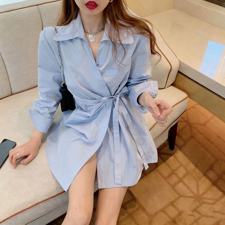 Long-Sleeve Collared Asymmetrical Tie Waist Button-Up Plain Blouse