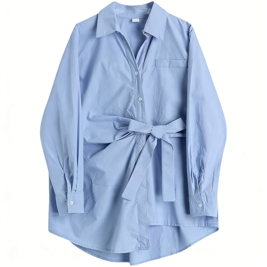 Long-Sleeve Collared Asymmetrical Tie Waist Button-Up Plain Blouse