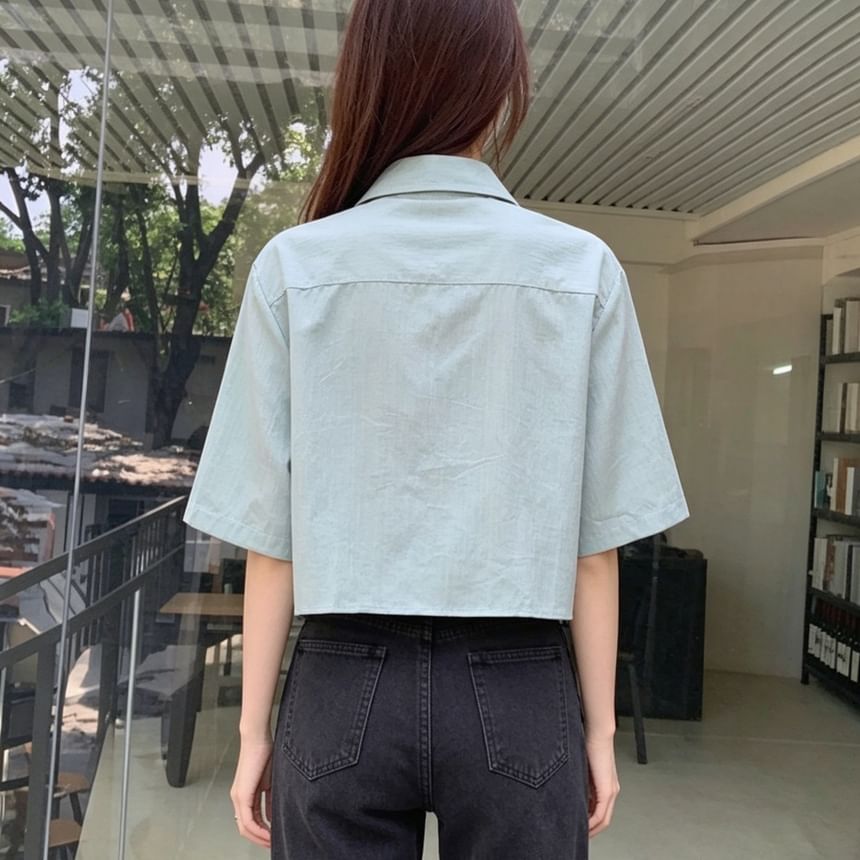 Elbow-Sleeve Button-Up Plain Crop Shirt