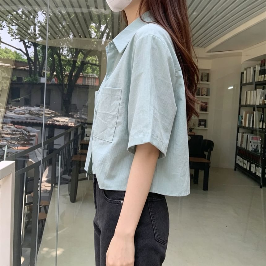 Elbow-Sleeve Button-Up Plain Crop Shirt