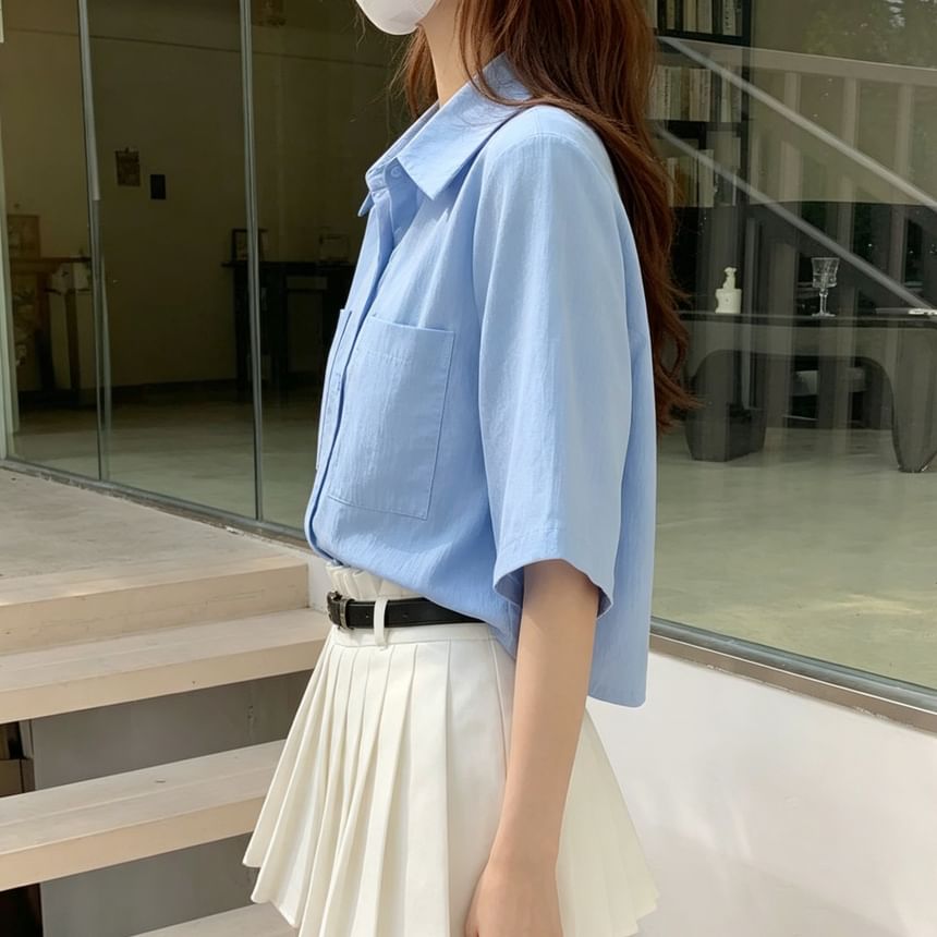 Elbow-Sleeve Button-Up Plain Crop Shirt