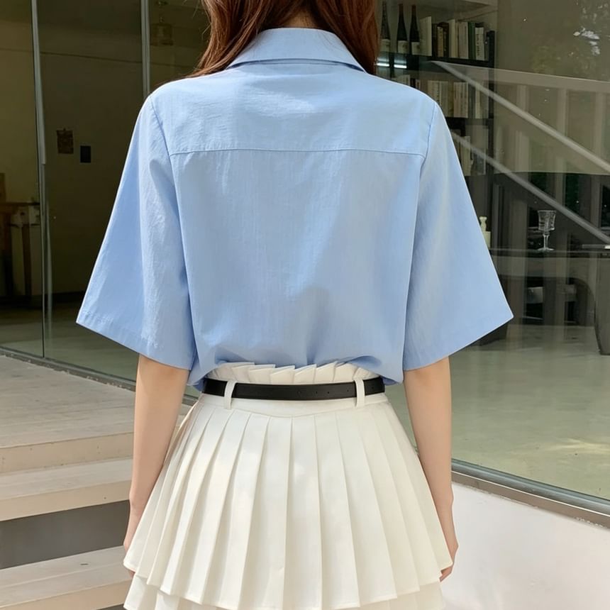 Elbow-Sleeve Button-Up Plain Crop Shirt