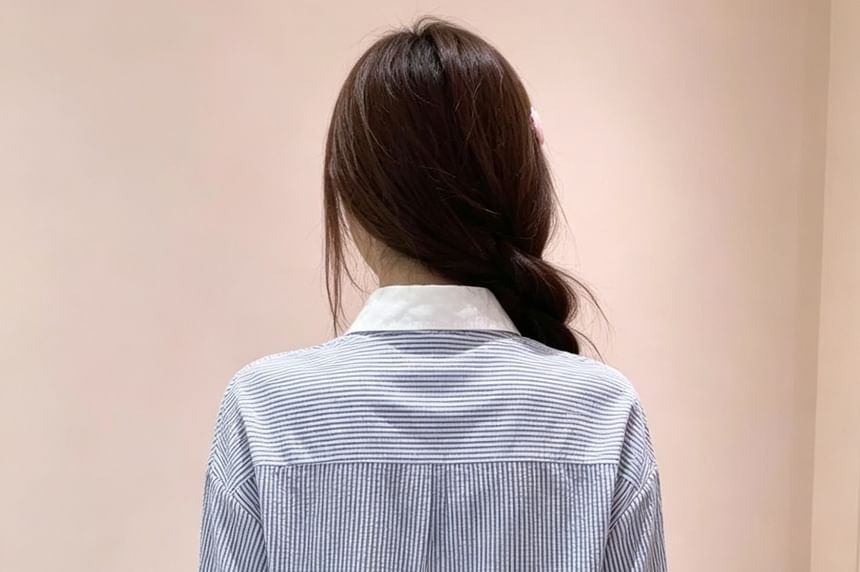 Long-Sleeve Striped Lace Trim Button-Up Crop Shirt